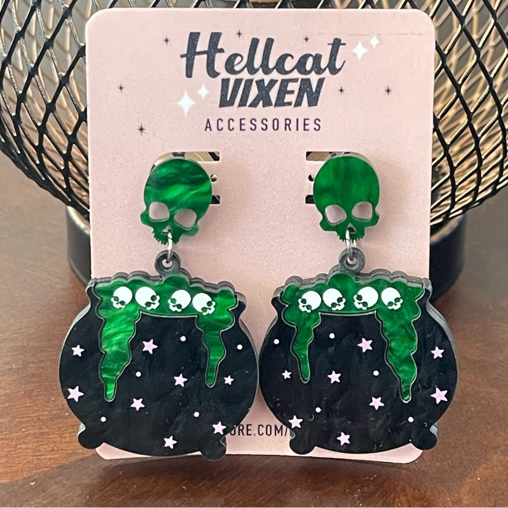 Green Zombie Skull Cauldron Handmade Acrylic Dangling Gothic Witchy Earrings